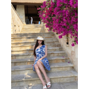 FCSE6928001 New Women's Sexy Off Shoulder Blue and White Porcelain Print Seaside Vacation Long Dress Strap Waist Dress