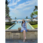 FCSE6928001 New Women's Sexy Off Shoulder Blue and White Porcelain Print Seaside Vacation Long Dress Strap Waist Dress