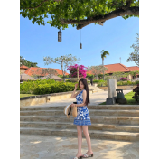 FCSE6928001 New Women's Sexy Off Shoulder Blue and White Porcelain Print Seaside Vacation Long Dress Strap Waist Dress