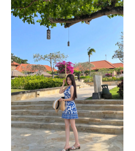 FCSE6928001 New Women's Sexy Off Shoulder Blue and White Porcelain Print Seaside Vacation Long Dress Strap Waist Dress