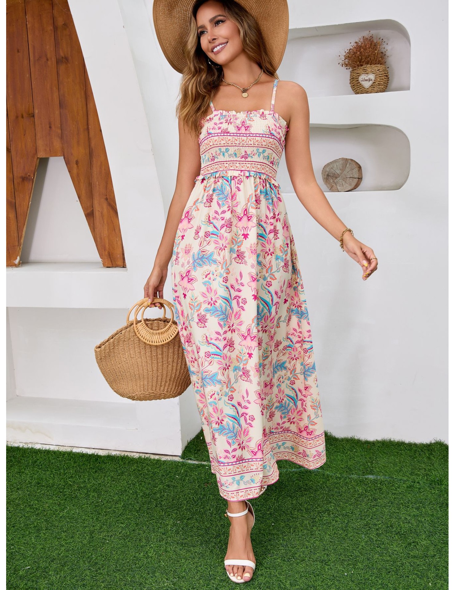 FCSE6928002 Ethnic Print Bohemian Backless Dress Beach Summer Sundress
