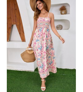 FCSE6928002 Ethnic Print Bohemian Backless Dress Beach Summer Sundress