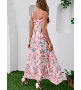 FCSE6928002 Ethnic Print Bohemian Backless Dress Beach Summer Sundress