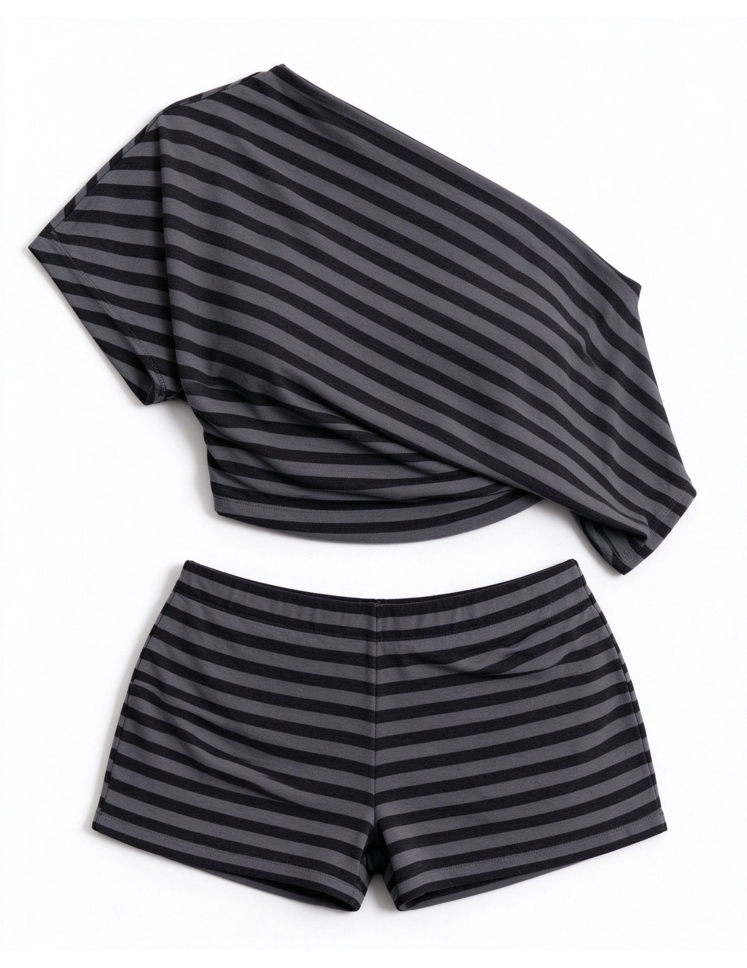 FCSE6929001 Striped Casual Slim Fit Off-Shoulder Short-Sleeve T-Shirt and High-Waisted Shorts Set