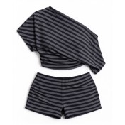FCSE6929001 Striped Casual Slim Fit Off-Shoulder Short-Sleeve T-Shirt and High-Waisted Shorts Set