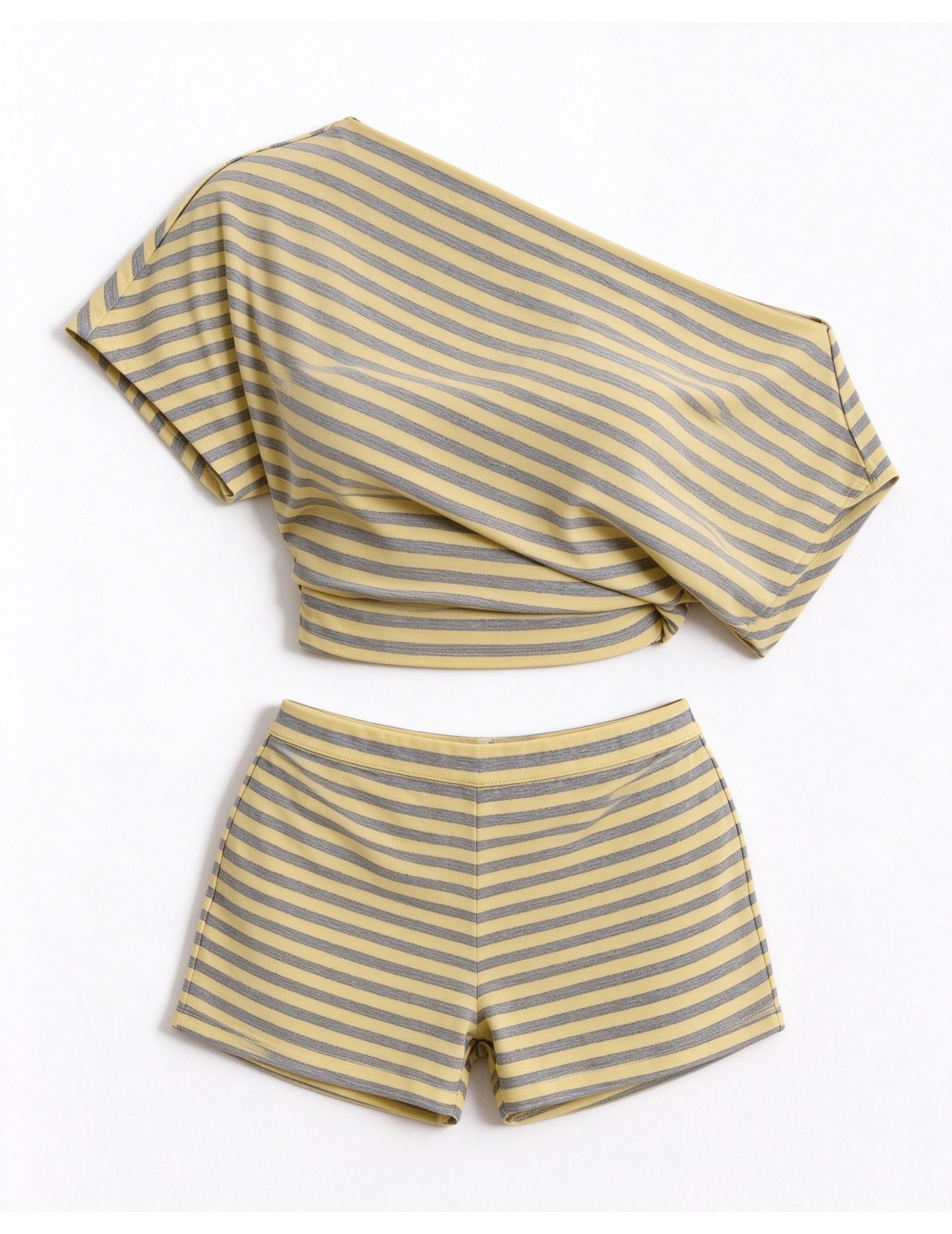 FCSE6929001 Striped Casual Slim Fit Off-Shoulder Short-Sleeve T-Shirt and High-Waisted Shorts Set