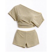 FCSE6929001 Striped Casual Slim Fit Off-Shoulder Short-Sleeve T-Shirt and High-Waisted Shorts Set