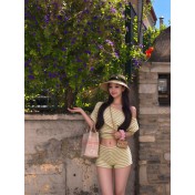 FCSE6929001 Striped Casual Slim Fit Off-Shoulder Short-Sleeve T-Shirt and High-Waisted Shorts Set