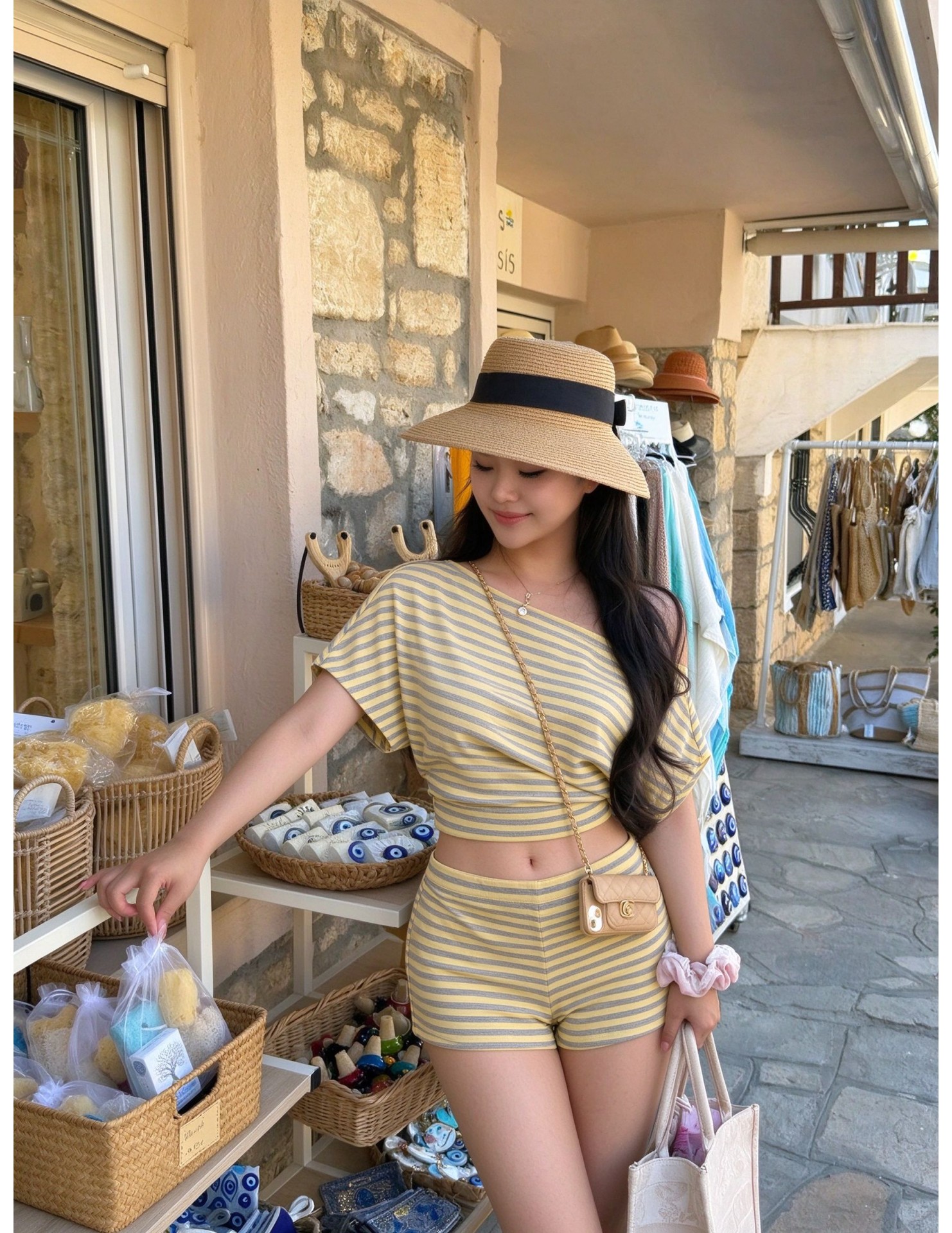 FCSE6929001 Striped Casual Slim Fit Off-Shoulder Short-Sleeve T-Shirt and High-Waisted Shorts Set