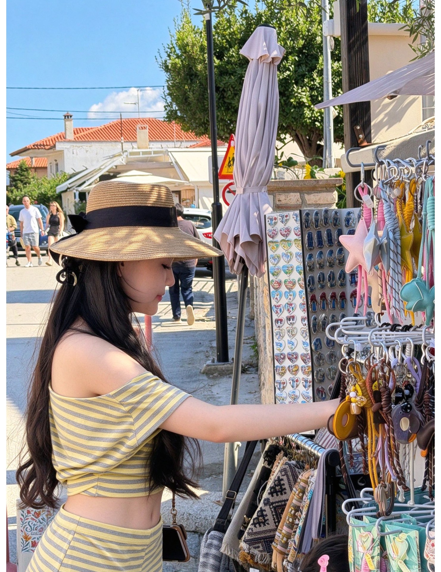 FCSE6929001 Striped Casual Slim Fit Off-Shoulder Short-Sleeve T-Shirt and High-Waisted Shorts Set