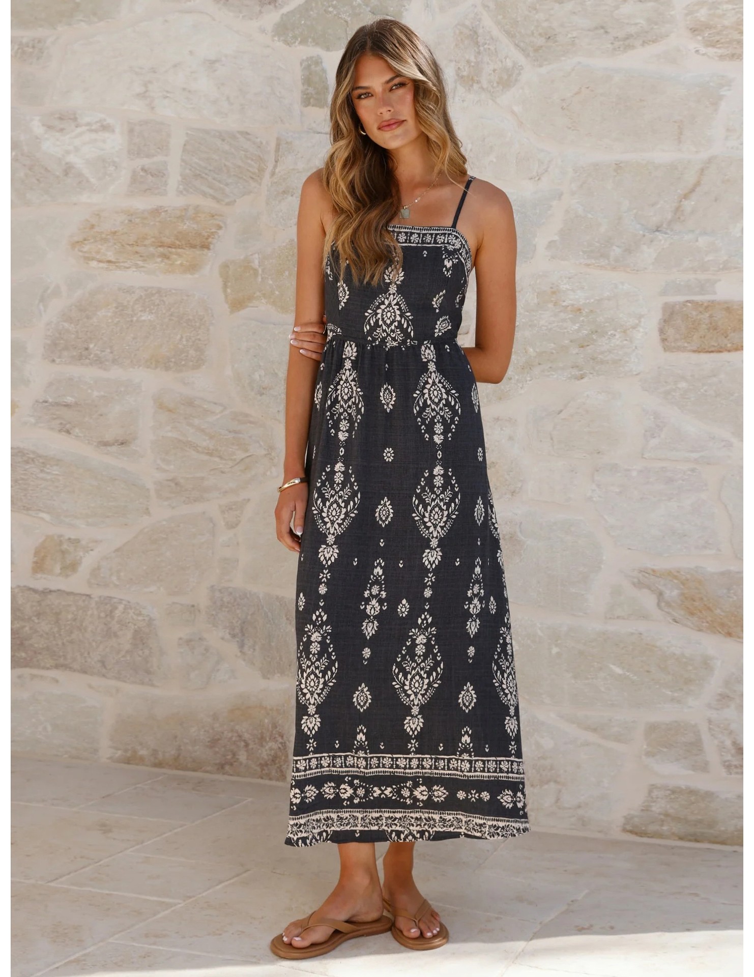 FCSE6929002 Bohemian Ethnic Print Spaghetti Strap Elastic Waist Resort Style long dress