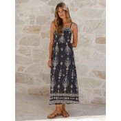 FCSE6929002 Bohemian Ethnic Print Spaghetti Strap Elastic Waist Resort Style long dress
