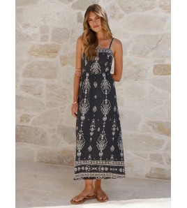 FCSE6929002 Bohemian Ethnic Print Spaghetti Strap Elastic Waist Resort Style long dress
