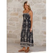 FCSE6929002 Bohemian Ethnic Print Spaghetti Strap Elastic Waist Resort Style long dress