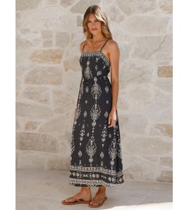 FCSE6929002 Bohemian Ethnic Print Spaghetti Strap Elastic Waist Resort Style long dress