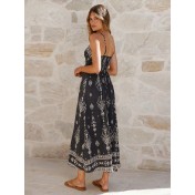 FCSE6929002 Bohemian Ethnic Print Spaghetti Strap Elastic Waist Resort Style long dress