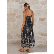 FCSE6929002 Bohemian Ethnic Print Spaghetti Strap Elastic Waist Resort Style long dress