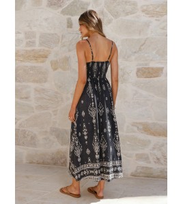 FCSE6929002 Bohemian Ethnic Print Spaghetti Strap Elastic Waist Resort Style long dress