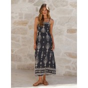 FCSE6929002 Bohemian Ethnic Print Spaghetti Strap Elastic Waist Resort Style long dress