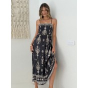 FCSE6929002 Bohemian Ethnic Print Spaghetti Strap Elastic Waist Resort Style long dress