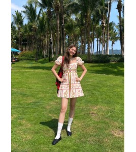 FCSE924003 Summer Short-Sleeved Backless Casual Fashion Lace Beach Vacation Linen Mini Dress