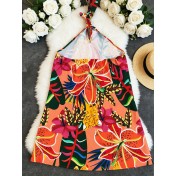 FCSE924004 Tropical Floral Print Halter Neck Twist Loose Vacation Style Women's Short Jumpsuit