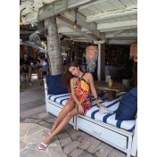 FCSE924004 Tropical Floral Print Halter Neck Twist Loose Vacation Style Women's Short Jumpsuit