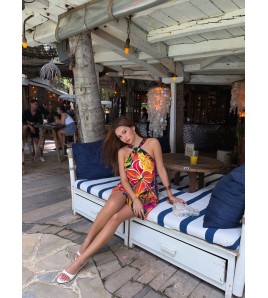 FCSE924004 Tropical Floral Print Halter Neck Twist Loose Vacation Style Women's Short Jumpsuit