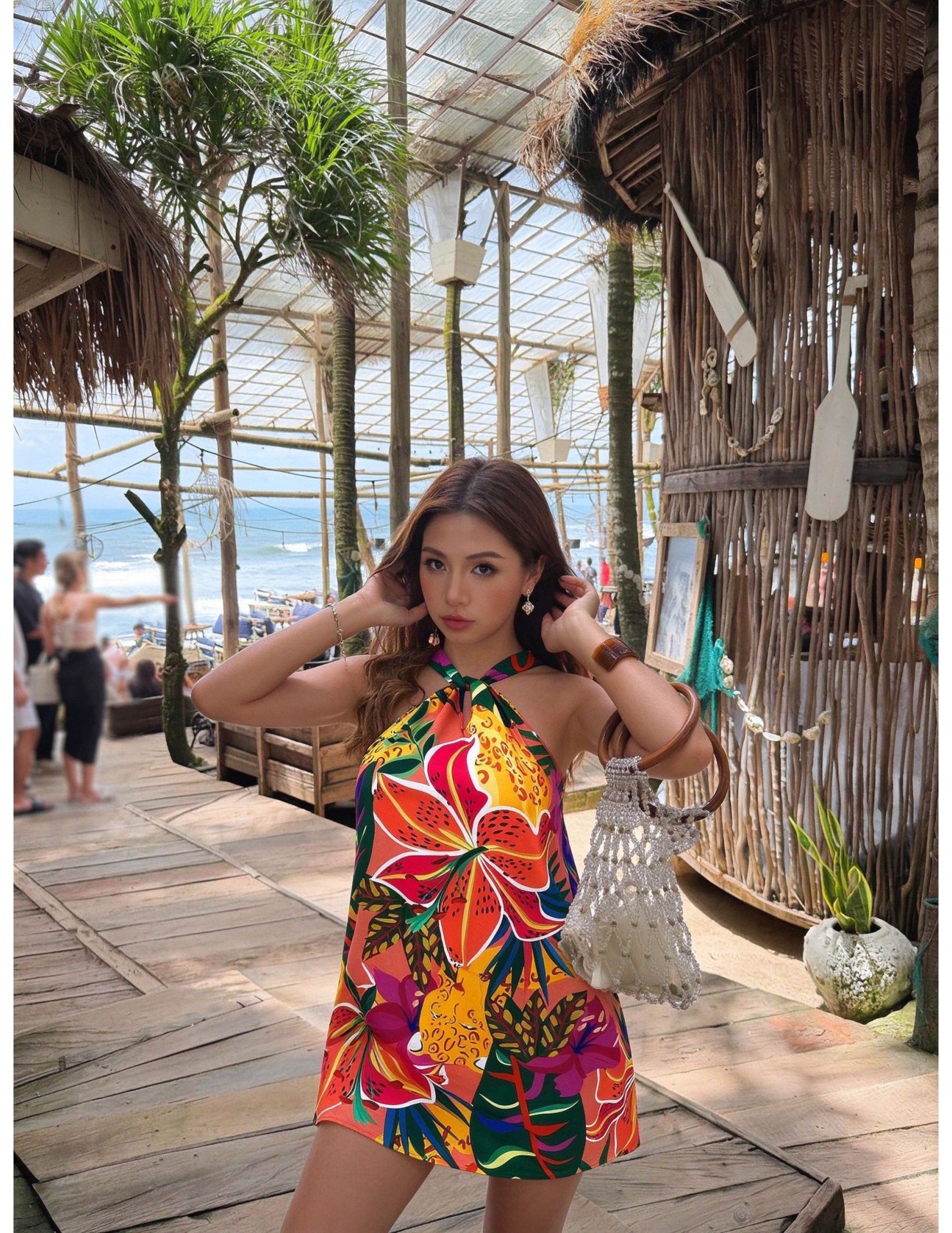 FCSE924004 Tropical Floral Print Halter Neck Twist Loose Vacation Style Women's Short Jumpsuit