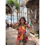 FCSE924004 Tropical Floral Print Halter Neck Twist Loose Vacation Style Women's Short Jumpsuit