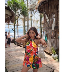 FCSE924004 Tropical Floral Print Halter Neck Twist Loose Vacation Style Women's Short Jumpsuit