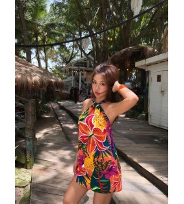 FCSE6924004 Tropical Floral Print Halter Neck Twist Loose Vacation Style Women's Short Jumpsuit