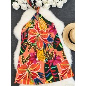 FCSE924004 Tropical Floral Print Halter Neck Twist Loose Vacation Style Women's Short Jumpsuit