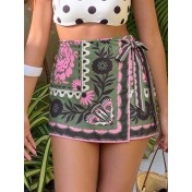 FCSE925001 Fashionable and Simple Tropical Vacation Elegant Casual Printed Tie-Waist Mini Skirt