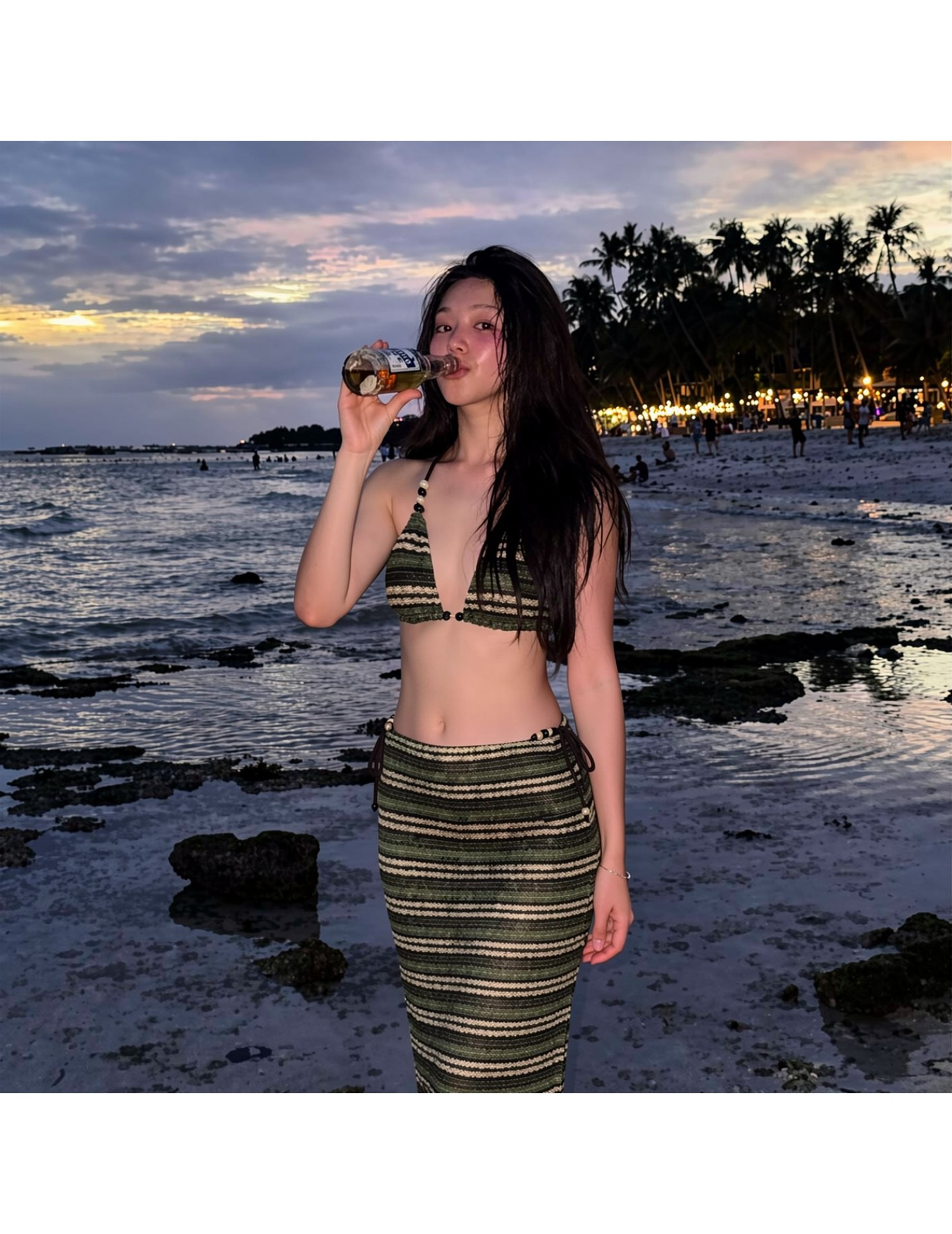 HSPN6923001 Midsummer Night Style Island Beach Retro Green Striped Sexy Bikini Maxi Dress Three-Piece Vacation Swimsuit