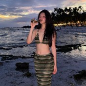 HSPN6923001 Midsummer Night Style Island Beach Retro Green Striped Sexy Bikini Maxi Dress Three-Piece Vacation Swimsuit