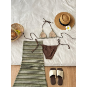 HSPN6923001 Midsummer Night Style Island Beach Retro Green Striped Sexy Bikini Maxi Dress Three-Piece Vacation Swimsuit