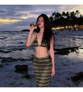 HSPN6923001 Midsummer Night Style Island Beach Retro Green Striped Sexy Bikini Maxi Dress Three-Piece Vacation Swimsuit