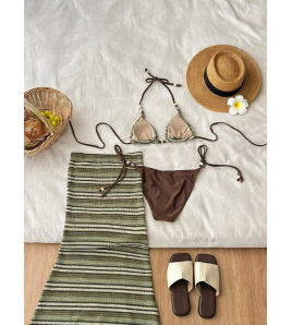 HSPN6923001 Midsummer Night Style Island Beach Retro Green Striped Sexy Bikini Maxi Dress Three-Piece Vacation Swimsuit