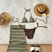 HSPN6923001 Midsummer Night Style Island Beach Retro Green Striped Sexy Bikini Maxi Dress Three-Piece Vacation Swimsuit