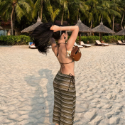 HSPN6923001 Midsummer Night Style Island Beach Retro Green Striped Sexy Bikini Maxi Dress Three-Piece Vacation Swimsuit