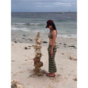 HSPN6923001 Midsummer Night Style Island Beach Retro Green Striped Sexy Bikini Maxi Dress Three-Piece Vacation Swimsuit
