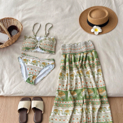 HSPN6923002 Coconut Grove Holiday Thai Island Dai Ethnic Resort Strapless Three-Piece Long Dress with Green Floral Print for Photoshoot