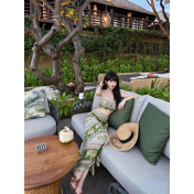 HSPN6923002 Coconut Grove Holiday Thai Island Dai Ethnic Resort Strapless Three-Piece Long Dress with Green Floral Print for Photoshoot