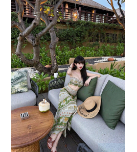 HSPN6923002 Coconut Grove Holiday Thai Island Dai Ethnic Resort Strapless Three-Piece Long Dress with Green Floral Print for Photoshoot