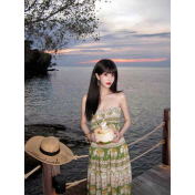 HSPN6923002 Coconut Grove Holiday Thai Island Dai Ethnic Resort Strapless Three-Piece Long Dress with Green Floral Print for Photoshoot