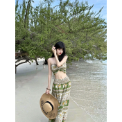 HSPN6923002 Coconut Grove Holiday Thai Island Dai Ethnic Resort Strapless Three-Piece Long Dress with Green Floral Print for Photoshoot