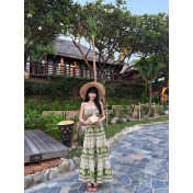 HSPN6923002 Coconut Grove Holiday Thai Island Dai Ethnic Resort Strapless Three-Piece Long Dress with Green Floral Print for Photoshoot