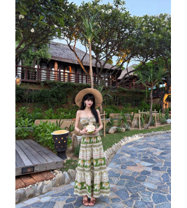 HSPN6923002 Coconut Grove Holiday Thai Island Dai Ethnic Resort Strapless Three-Piece Long Dress with Green Floral Print for Photoshoot