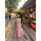 HSPN6923002 Coconut Grove Holiday Thai Island Dai Ethnic Resort Strapless Two-Piece Long Dress with Green Floral Print for Photoshoot
